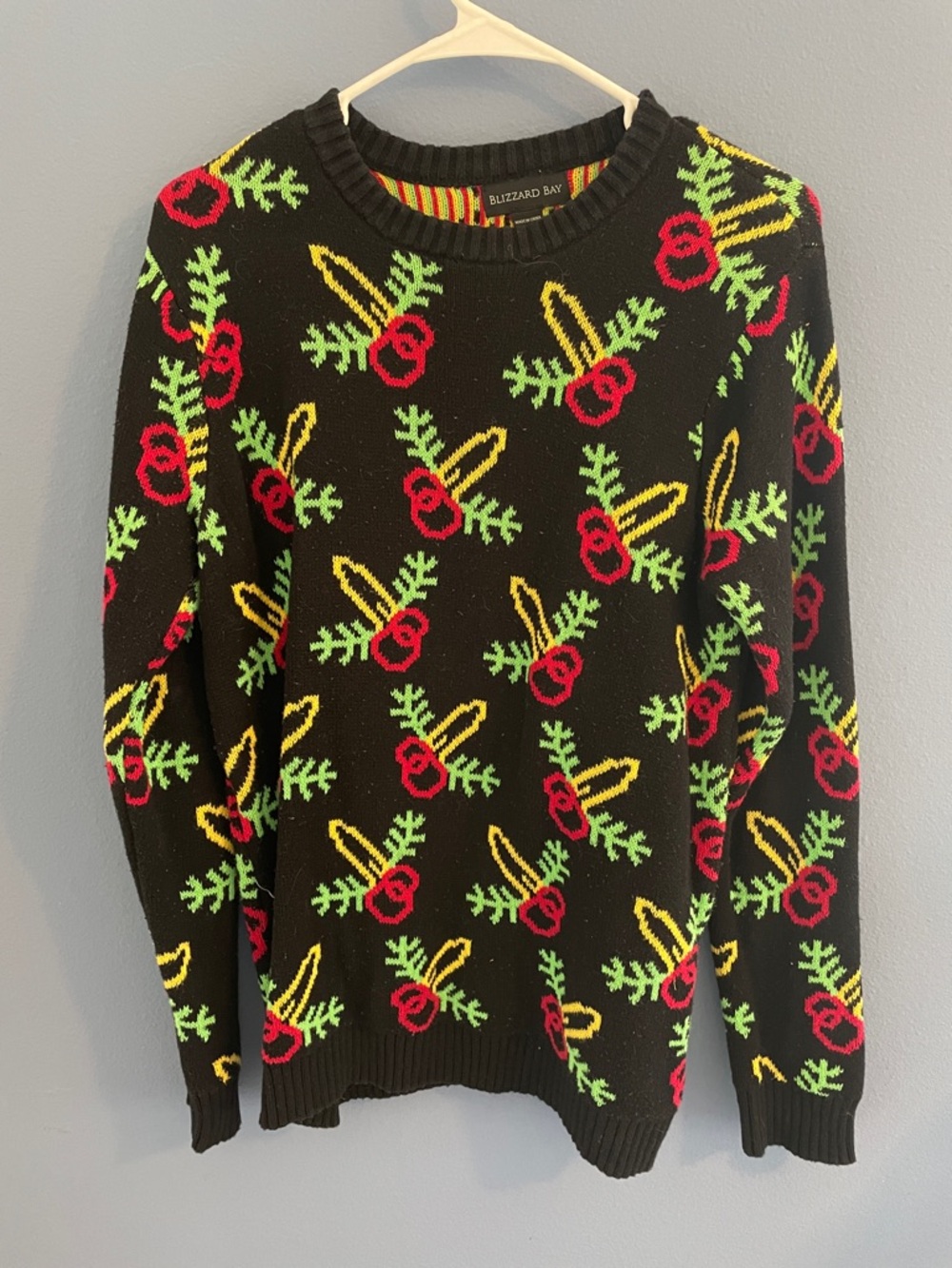 Black Holiday Knit Sweater with Red & Green Pattern (ugly sweater(